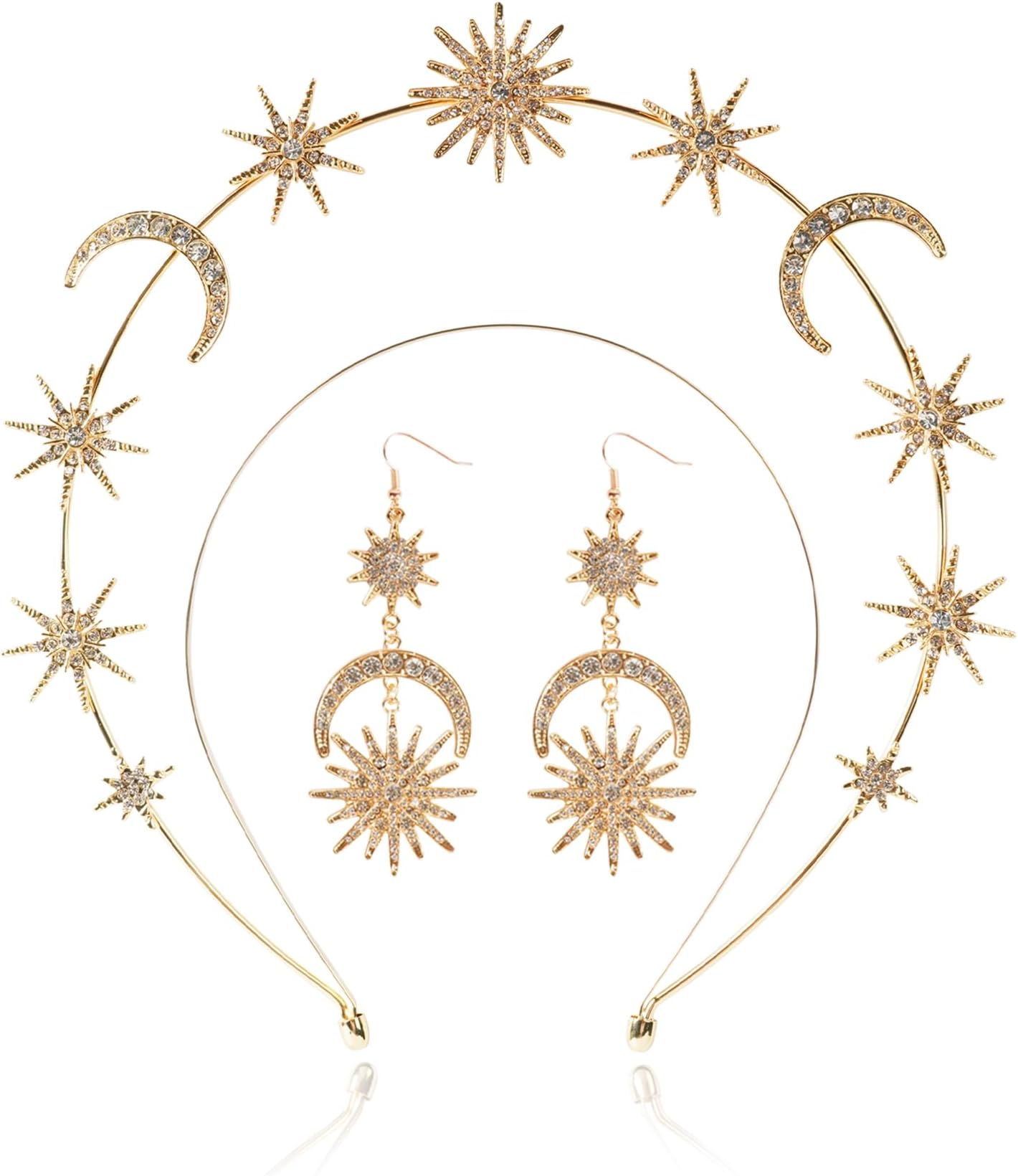 puwuto Halo Crown - Stars Crystal Goddess HeadBand with Earrings Mary Metal Halo Headpiece Celestial Crowns Tiaras for Women Bridal Wedding Costume Cosplay Party Goddess Accessories - Gold, Metal,