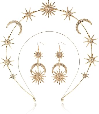 puwuto Halo Crown - Stars Crystal Goddess HeadBand with Earrings Mary Metal Halo Headpiece Celestial Crowns Tiaras for Women Bridal Wedding Costume Cosplay Party Goddess Accessories - Gold, Metal,