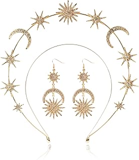 puwuto Halo Crown - Stars Crystal Goddess HeadBand with Earrings Mary Metal Halo Headpiece Celestial Crowns Tiaras for Wom...