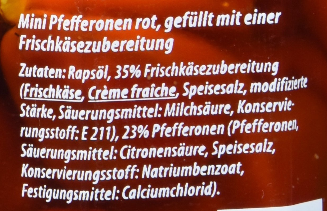 Feinkost Dittmann Mini Teufli - Pfefferonen rot gefüllt mit einer Frischkäsezubereitung Glas, 5er Pack (5 x 275 g)