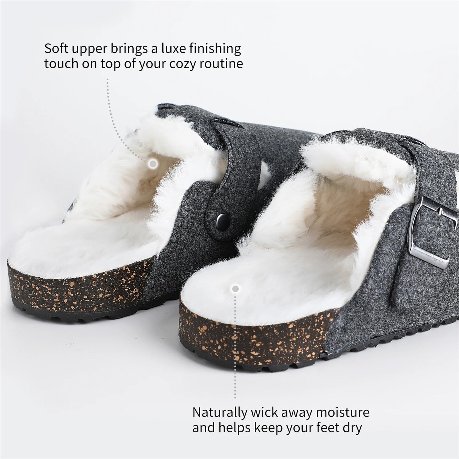Zuecos de Corcho for Mujer, Pantuflas cálidas peludas for Interior y Exterior, Mules y Zuecos cómodos con Fieltro con Hebilla(GREYCORK,10-11)