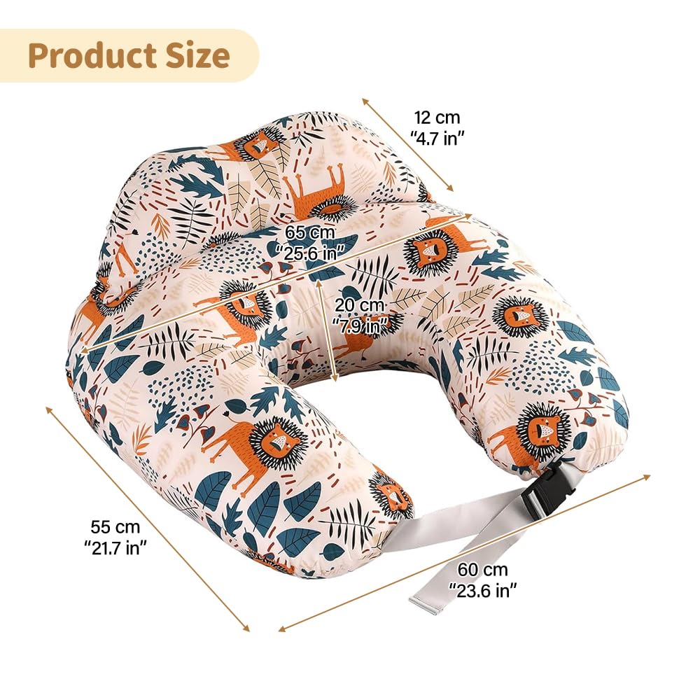 Cuscino Allattamento del Bambino, Cuscino Multifunzionale per l'Allattamento con Cinturino Regolabile in Vita e Recinzione di Sicurezza, Federa Rimovibile in Cotone, Modello Animale Leone