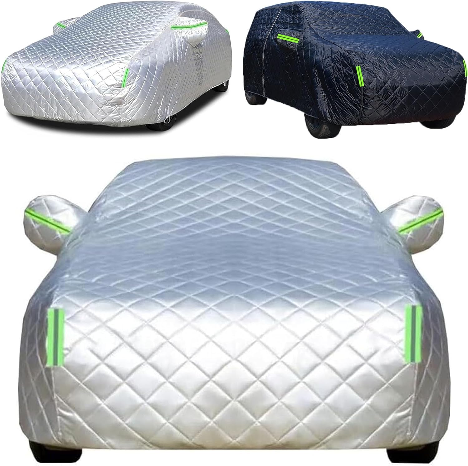 Hail Protector Car Cover, Anti-Hail Car Cover 5-Layer Heavy Duty Outdoor Thickened Sun Rain Snow Dust Protection with Reflective Strips & Zipper Door Fits Hatchback (Silver, (Length 146"–155"))