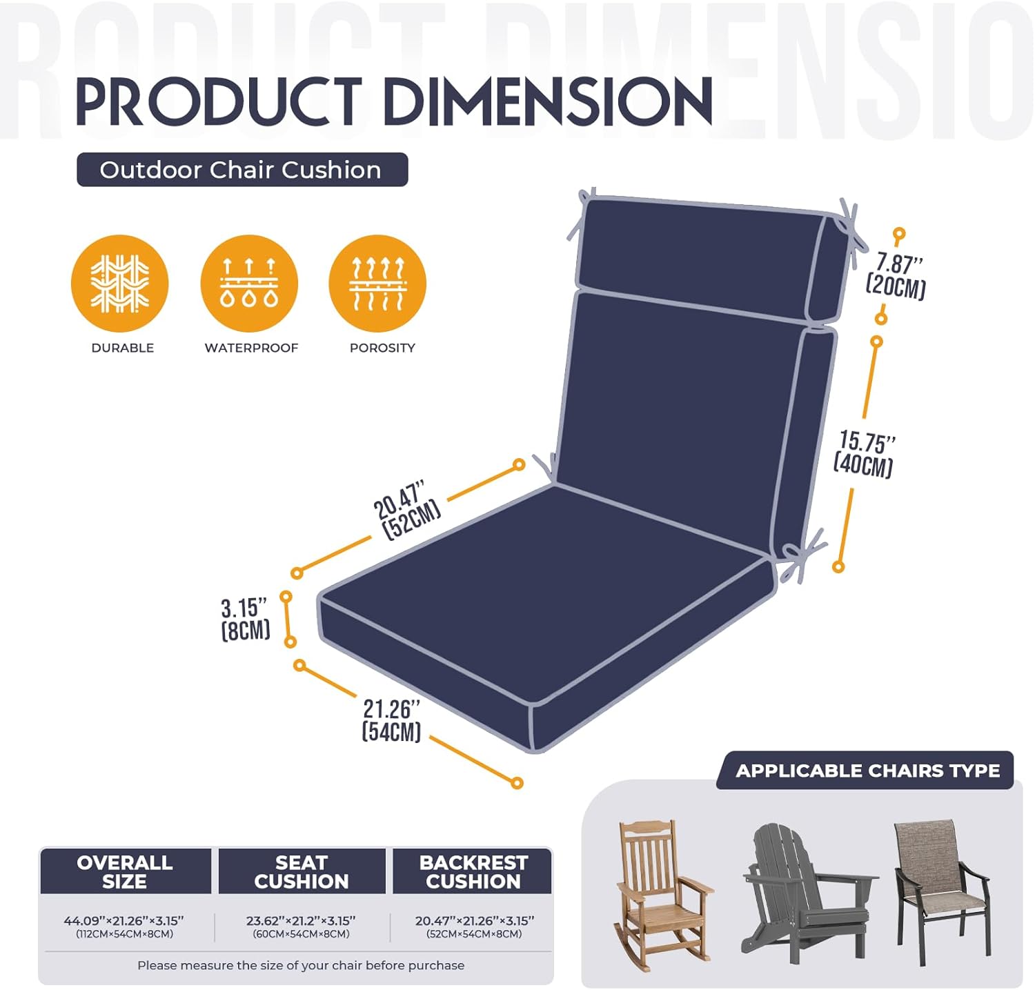 Rocking Chair Cushions, Waterproof Outdoor Chair Cushions, UV-Resistant High Back Patio Cushions for Adirondack & Rocker Furniture, Indoor/Outdoor Use, Navy Blue