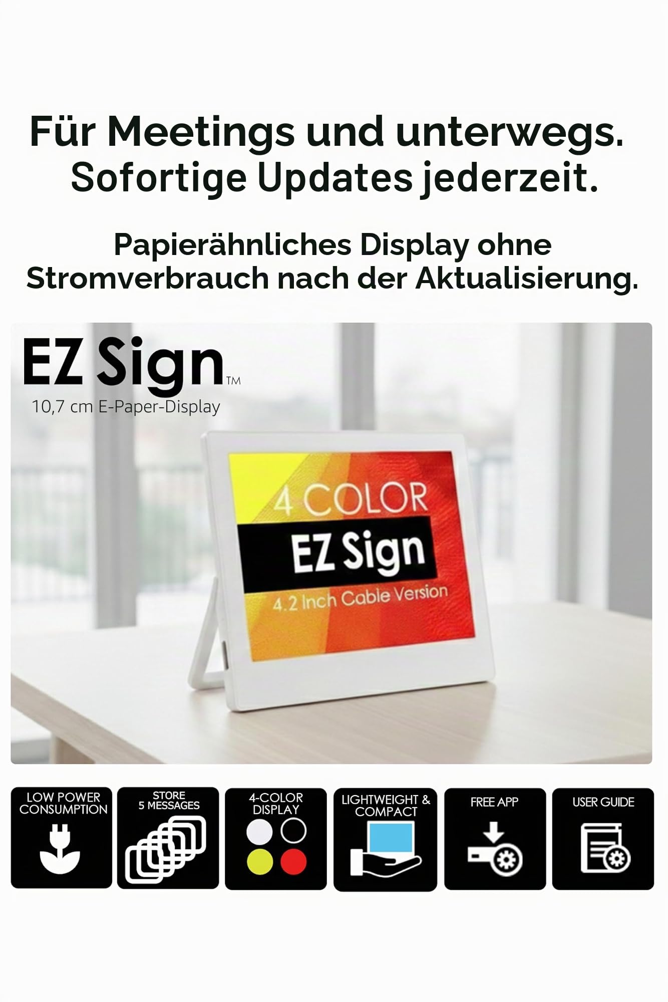 [Santek] EZ Sign 10,7 cm EPaper Display | 4-farbiges, wiederbeschreibbares kleines digitales Schild mit Ständer | E-Ink-Display für Wohnheim und Wohnungsdekoration | Airbnb-Willkommensschilder |
