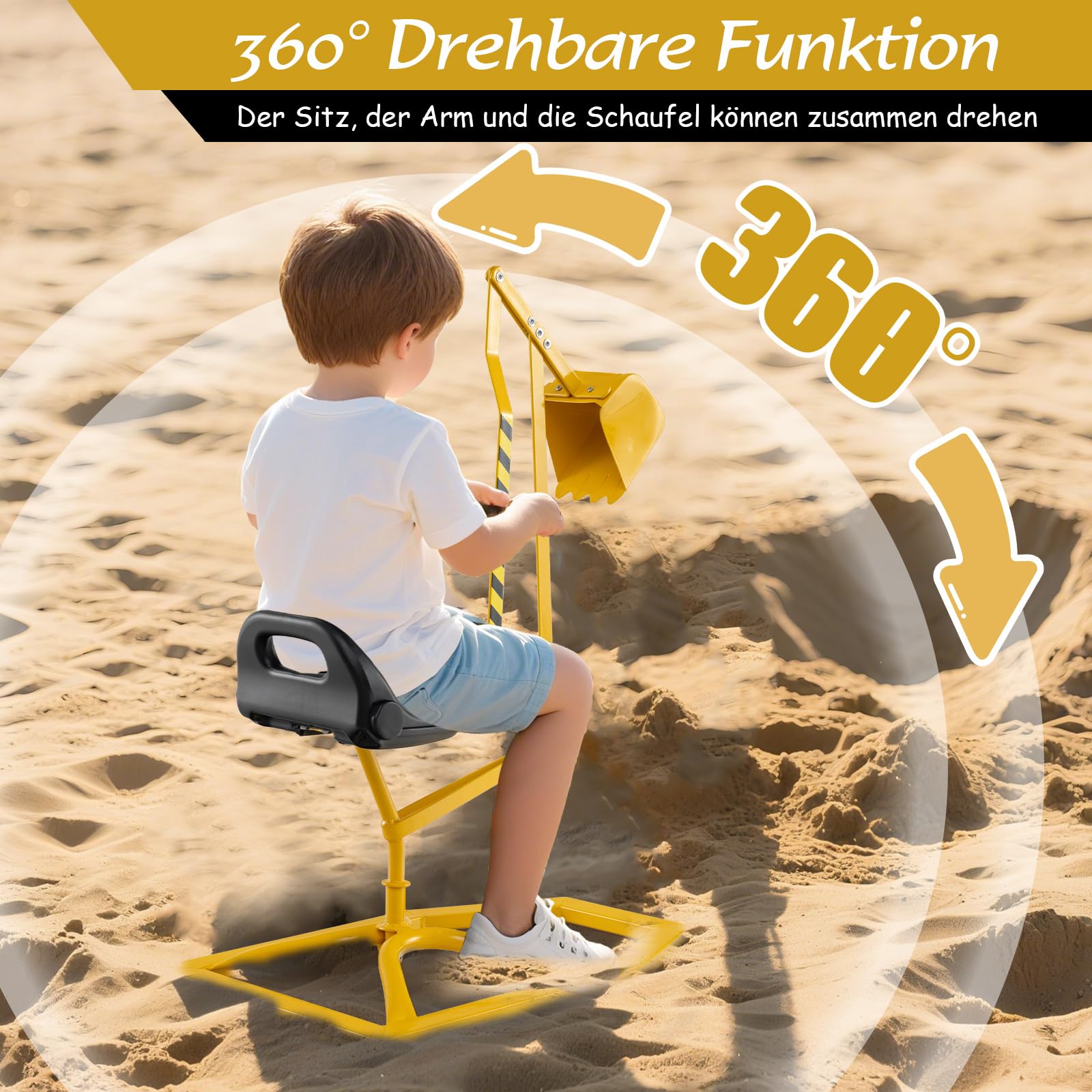 COSTWAY Sitzbagger 360° drehbar, Bagger zum Draufsitzen Metall, Bagger Sandkasten mit Schaufel & 2-Hände-Steuerungen, Aufsitzbagger Sandbagger für Kinder ab 3 Jahren (Gelb)