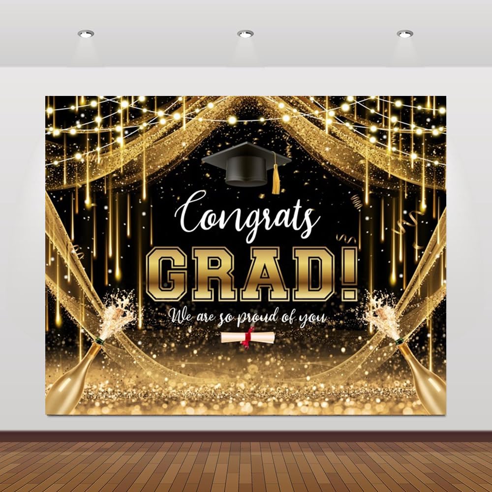 Graduation Backdrop 10x8ft Class Of 2026 Congrats Grad Banner Black and Gold Graduation Party Decorations Large Congratulations Graduate Background