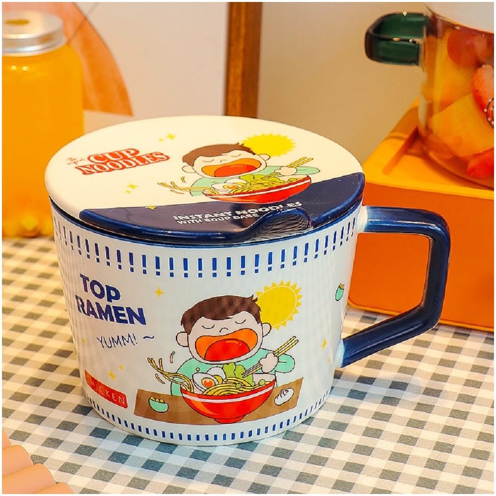 lachineuse - Instant-Nudelschüssel - Japanische Ramen- und chinesische Nudelschüssel - Mit Besteck und Deckel - Frühstücksschüssel, Suppe, Reis - Japan-China-Geschenkidee - Cup-Nudeln - Blau