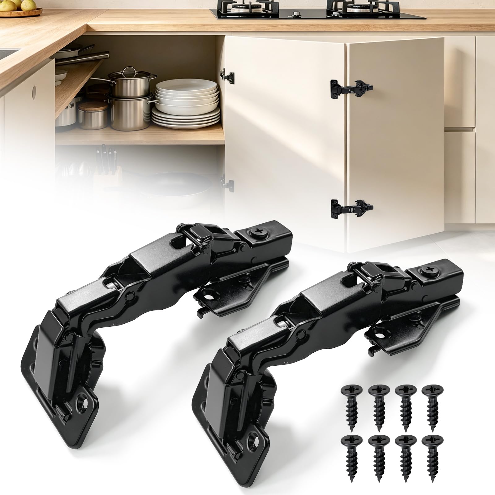 Mousike Bisagras de armario de esquina Lazy Susan de 165 grados, cierre suave, placa de clip completa, accesorios plegables ocultos para marco frontal, armarios de cocina, 2 unidades