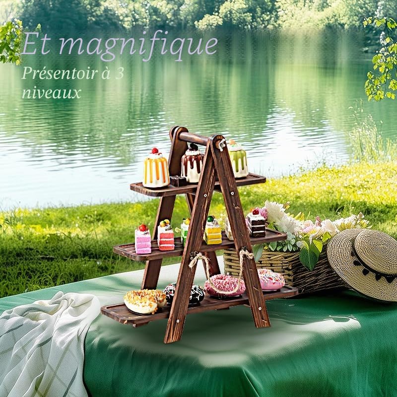 Présentoir à Cupcakes en Bois, présentoir à gâteaux 3 étages, étagère en d'acacia 3 étages en Bois pour Aliments, Structure Pliable - Pliable | pour Anniversaire, goûter, fête, Mariage