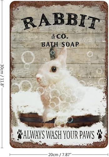 Miniatura 2 de Placa colgante de hierro vintage con diseño de conejo y jabón de metal con texto en inglés "Wash Your Paws", letrero de hojalata retro divertido