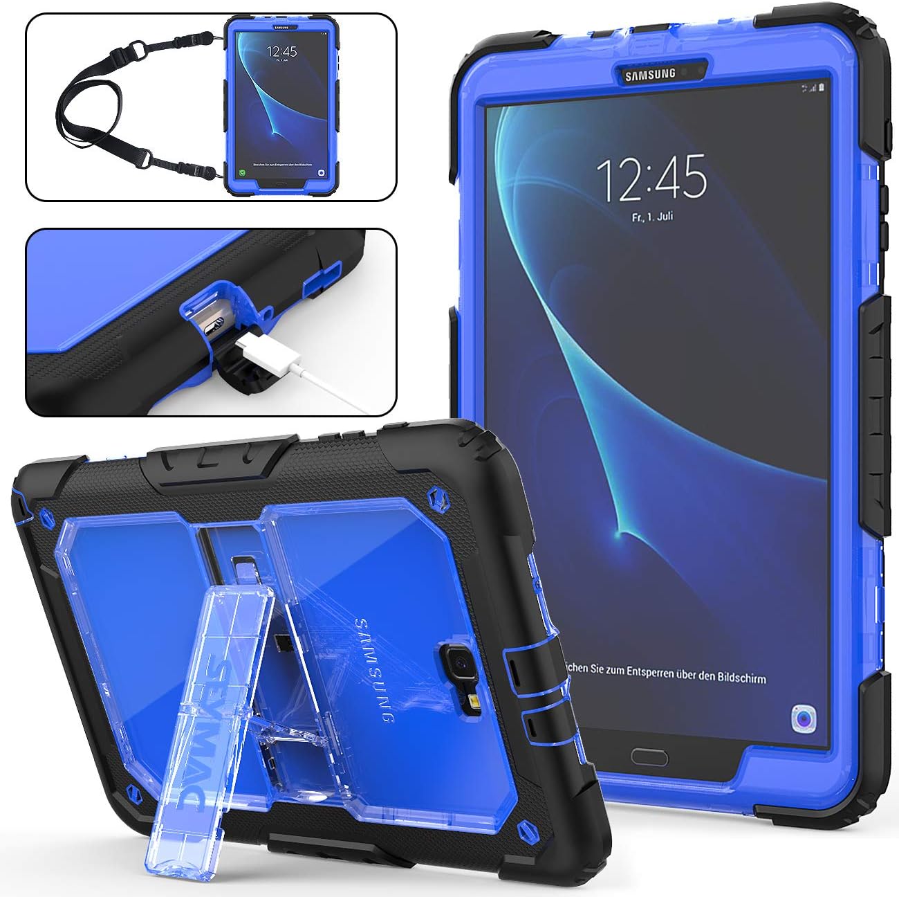 SEYMAC stock Case for Galaxy Tab A 10.1 (ONLY Model SM-T580/T585/T587 of Tab A 10.1), Full-Body [Heavy Duty] Protection with Stand&Portable Strap Compatible with Samsung Tab A 10.1(Black+Black)