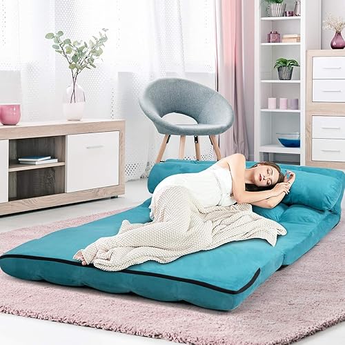 Miniatura 2 de S AFSTAR Safstar Sofá plegable y futón de suelo, sofá cama de tela de 6 posiciones con 2 almohadas y relleno de esponja, sofá perezoso ajustable
