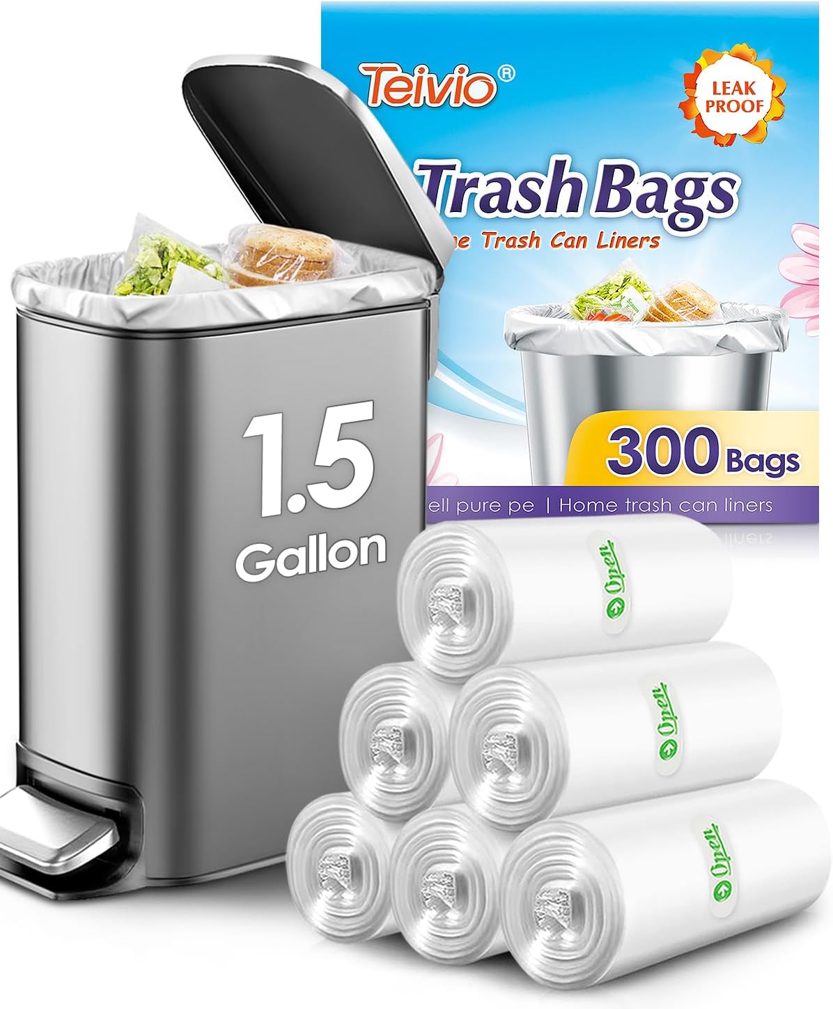 Amazon.com: Teivio 1.5 Gallon 300 Counts Clear Trash Bags Garbage Bags ...