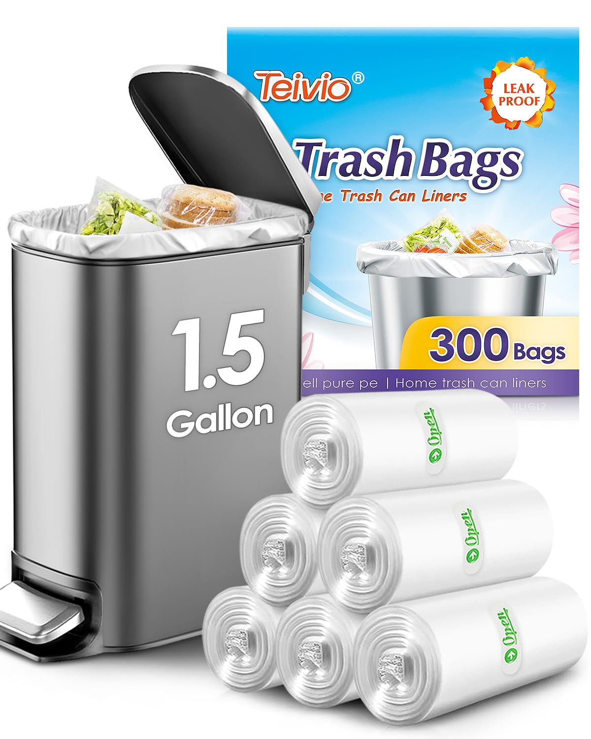 Teivio 1.5 Gallon 300 Counts Clear Trash Bags Garbage Bags,Mini Waste Basket Liners,Tiny Bathroom Trash Can Bin Liners,Small Plastic Bags for Home Office Kitchen Car Bedroom Dog waste Baby Diaper