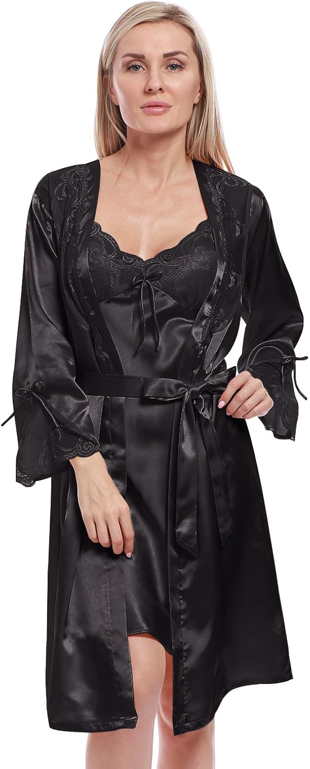 BellisMira Women's Long Satin Robe Bridal Kimono Lace Pajamas Sleepwear Robe ONLY Size UP Black
