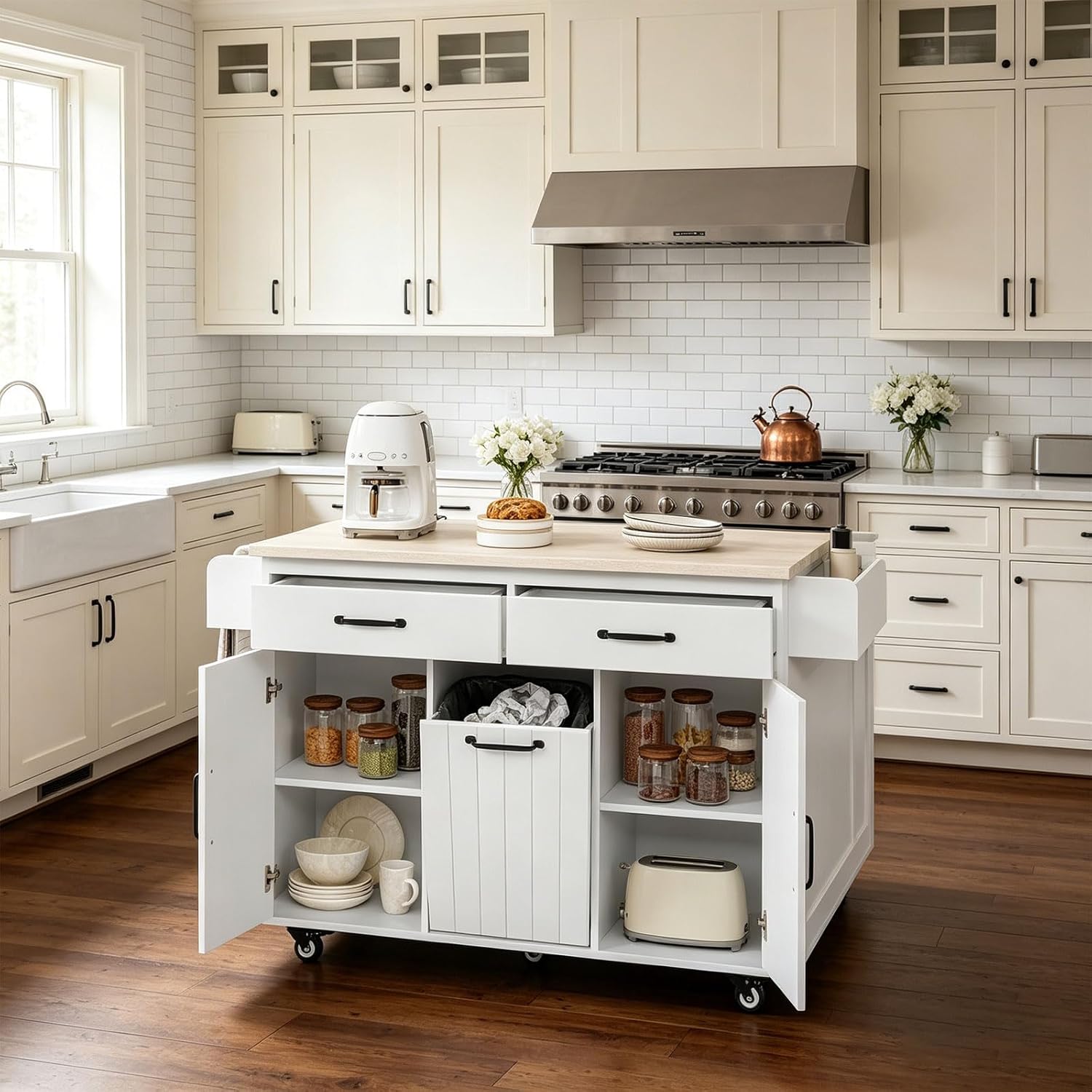 OTSUN Kitchen Island with Storage, 51.06" Kitchen Island with Drop Leaf, Rash Can Storage, Drop Leaf Rubberwood Top, Towel Rack, Drawer & Spice Rack, Rolling Kitchen Island on Wheels