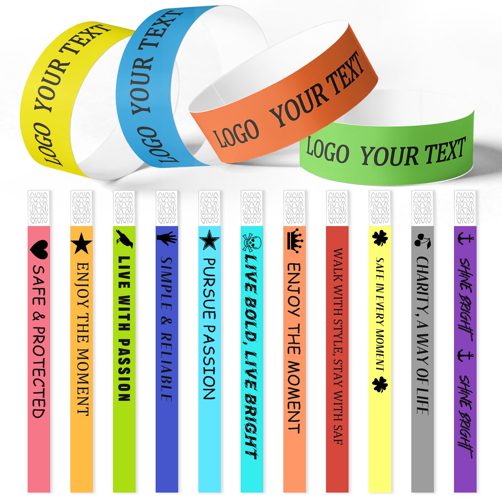 Bracelets imprimés personnalisés, bracelets d'identification pour événements avec logo texte et clipart, bracelets en papier inviolables, livraison rapide pour fête, festival, VIP, sécurité et