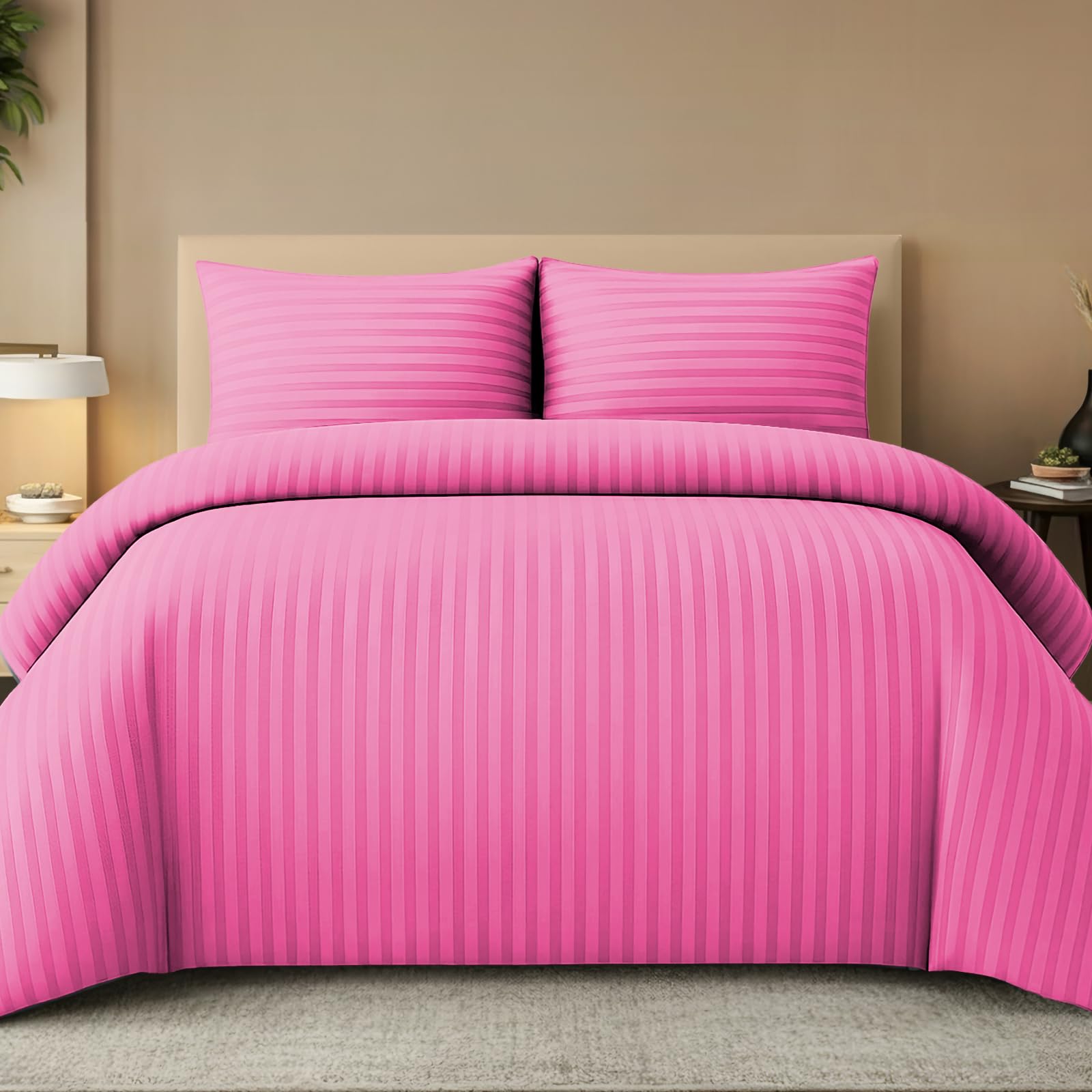 Pamposh Satin Stripe Super King Duvet Set - Premium Hotel Quality Quilt Cover Bedding Sets - Hypoallergenic Ultra Soft Microfiber Bed Linen