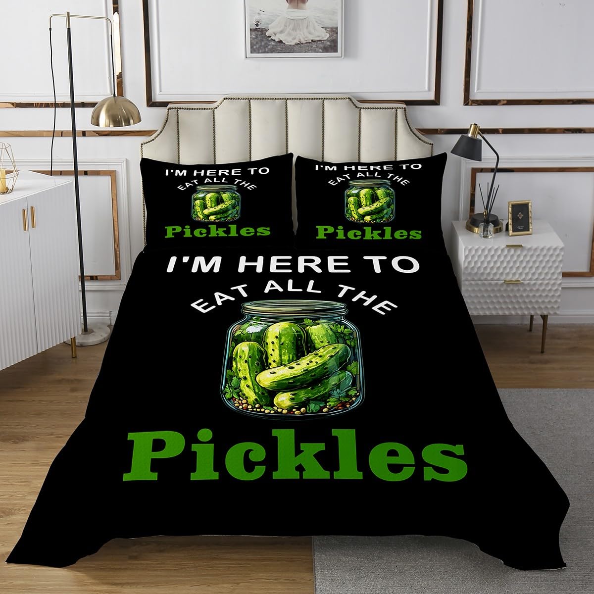 Pickles Cucumber Kids Bedspread Twin Size,Pickled Vegetable Fruits Coverlet Set,Girls Boys Room Decor,Western Food Modern Fashion Quilted Coverlet,Black Green Bedding Quilt,1 Pillowcase