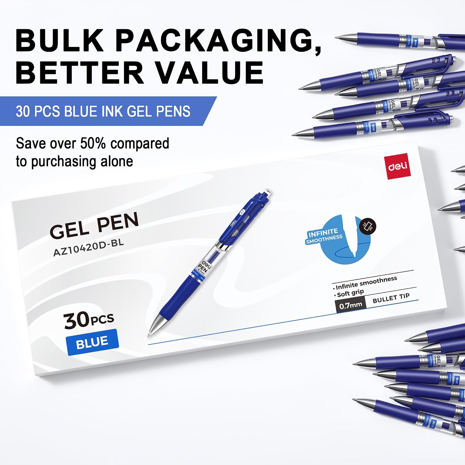 deli Gel Pens, 30 Pcs Pens Blue Ink, Medium Point Pen Bulk 0.7mm image 2