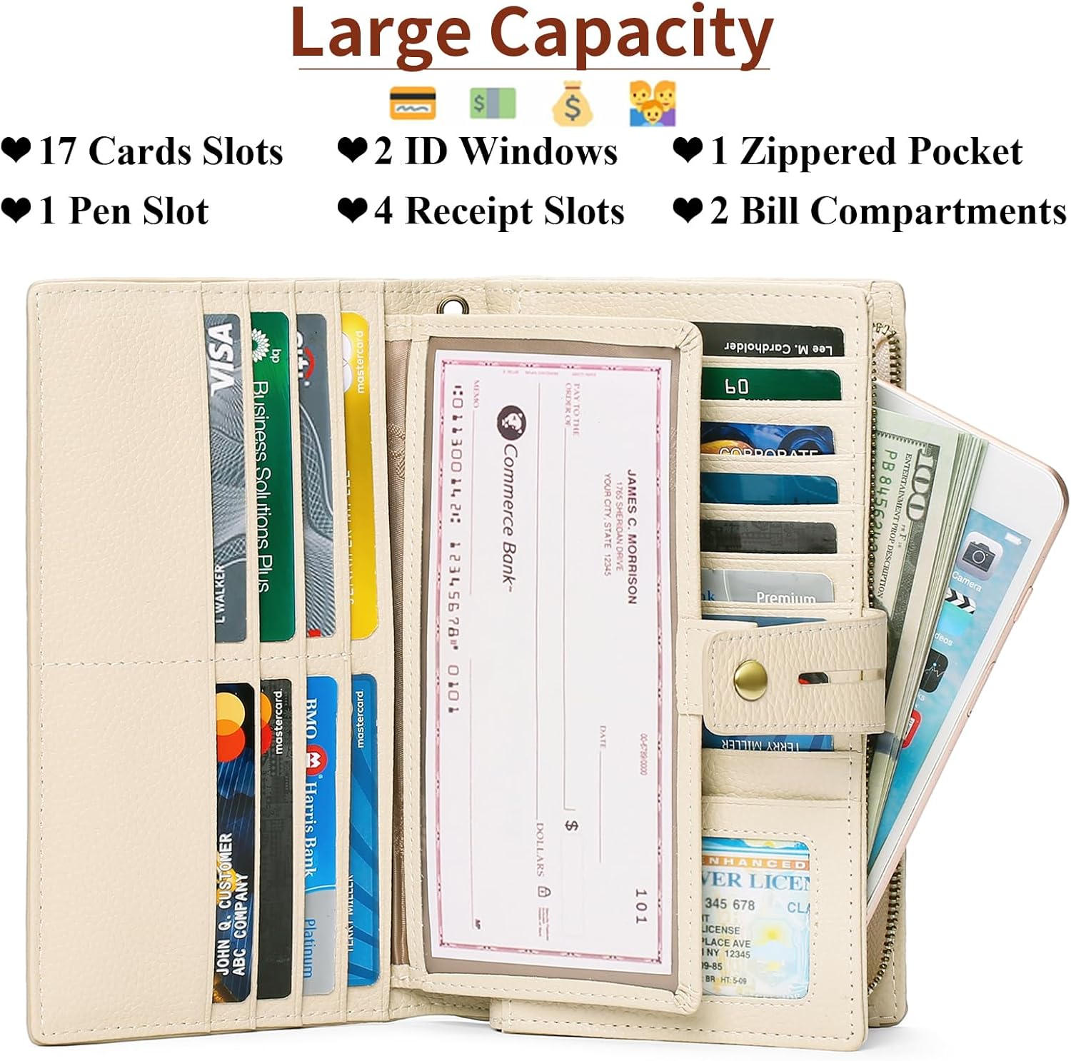 SENDEFN Women's Wallet Large Capacity RFID Blocking Leather Wallets Credit Cards Organizer with Checkbook Holder - Image 2