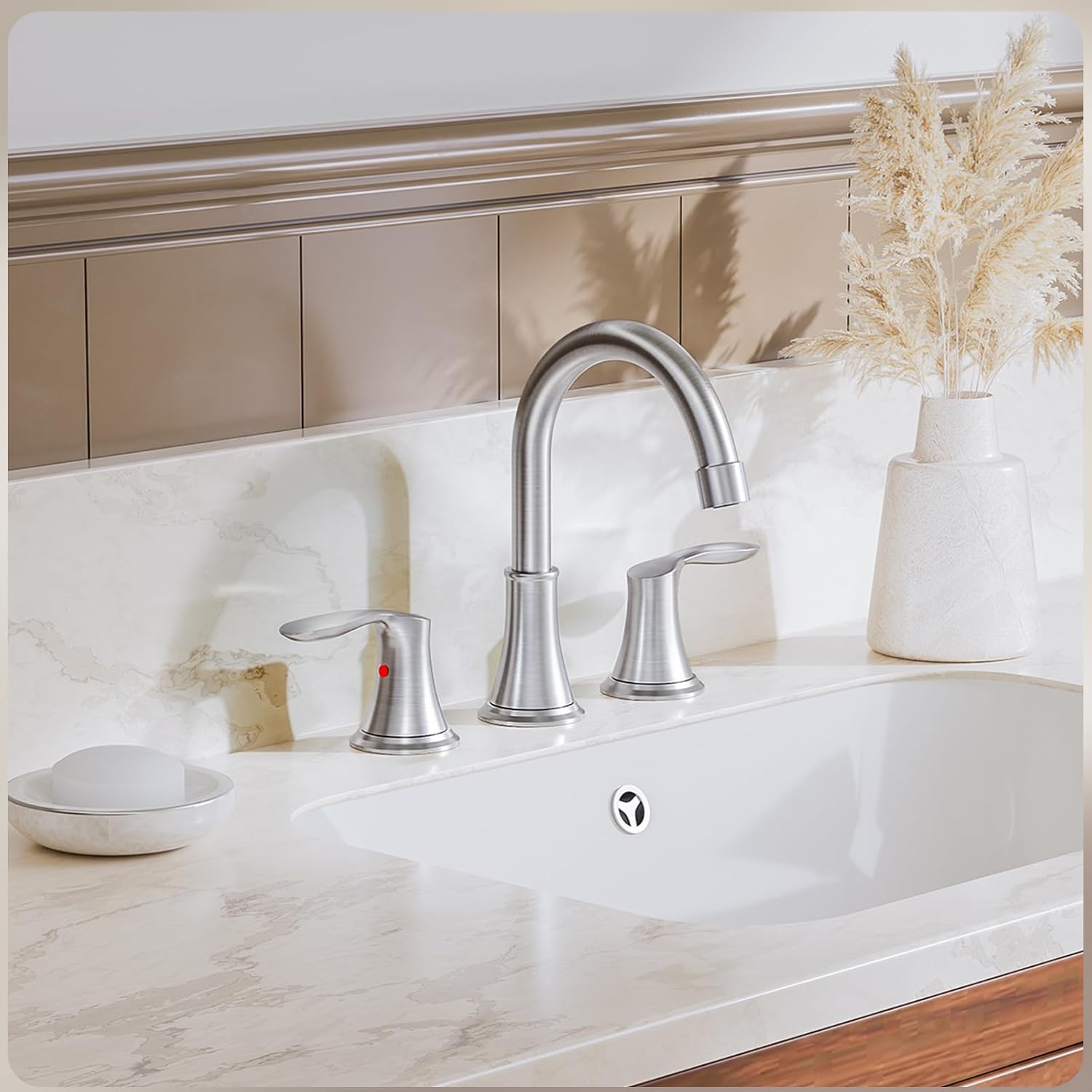 Phiestina Widespread 8 Inch 3 Holes Brushed Nickel Bathroom Faucet,Two Handles Stainless Steel Bathroom Sink Faucet with Metal Pop-Up Drain and Water Supply Lines, WFTY36-BN - Image 2