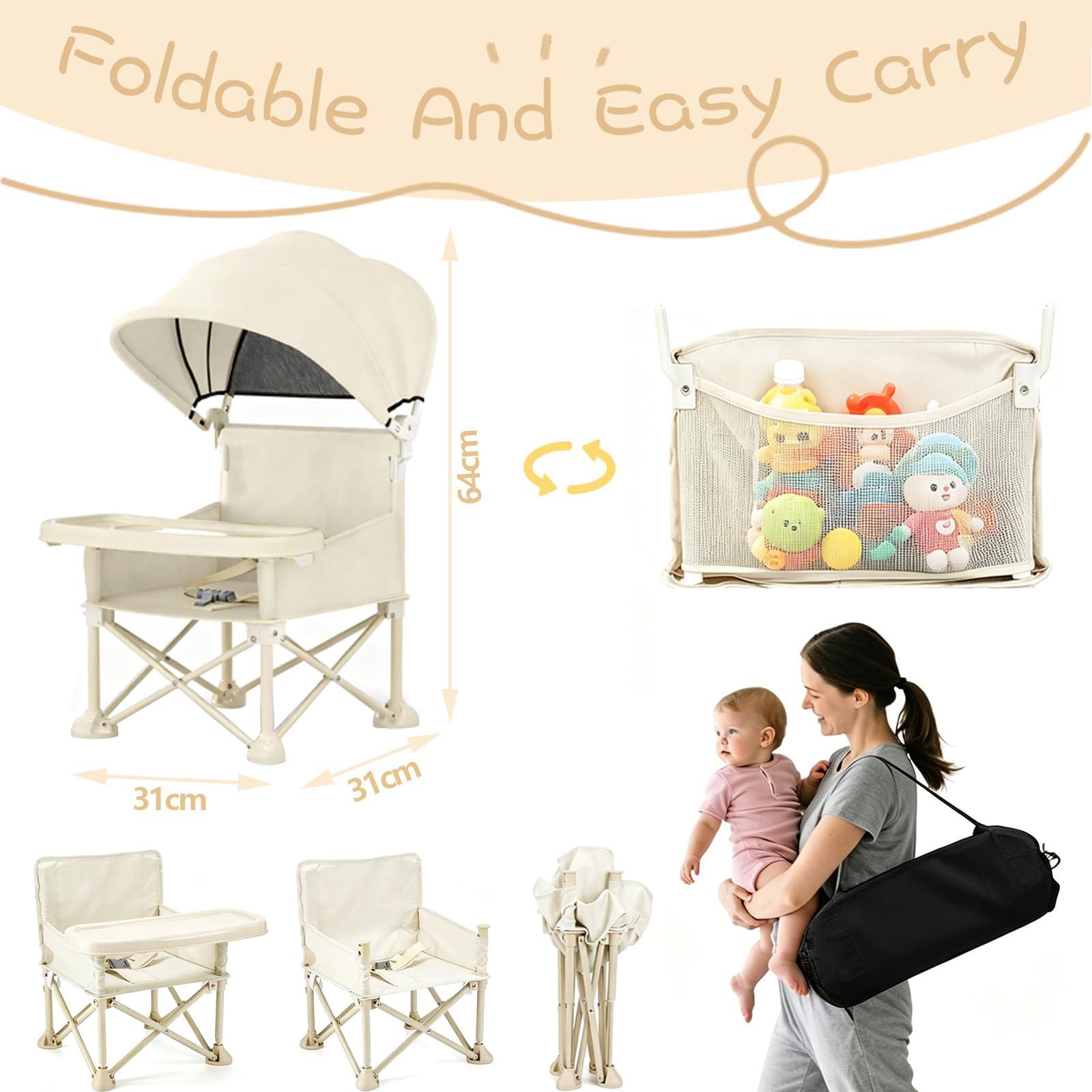 Baby Campingstuhl 4 in 1 Tragbarer Strandstuhl mit Abnehmbarem Tablett Markise Faltbar Babysitz