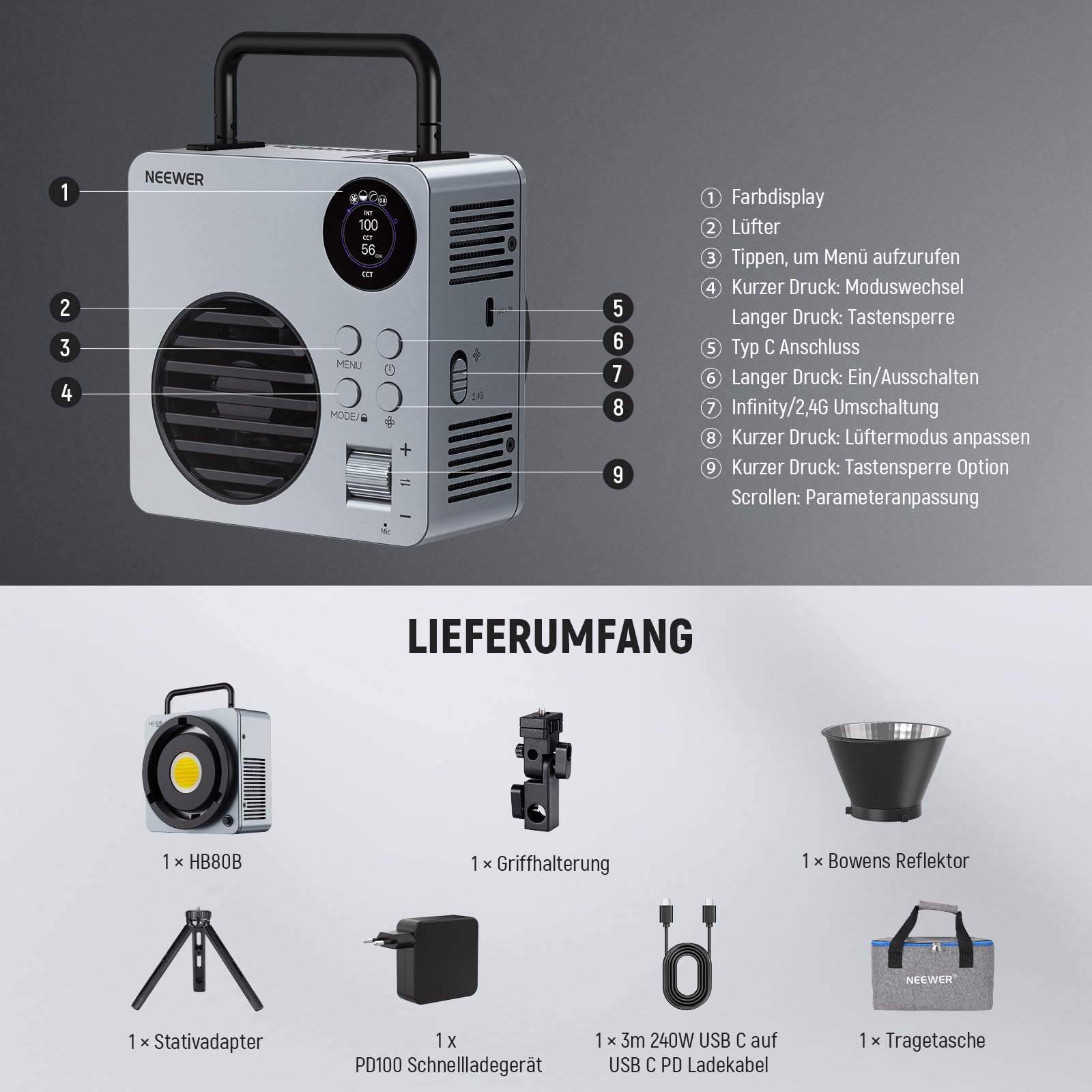 NEEWER 80W LED Videolicht mit 72Wh Akku und 100W PD Adapter APP/2.4G Steuerung Tragbares zweifarbiges Mini COB Studio Dauerlicht 25500lx/1m 2700-6500K 0-100% Dimmen CRI95+ 13 Szenen, HB80B