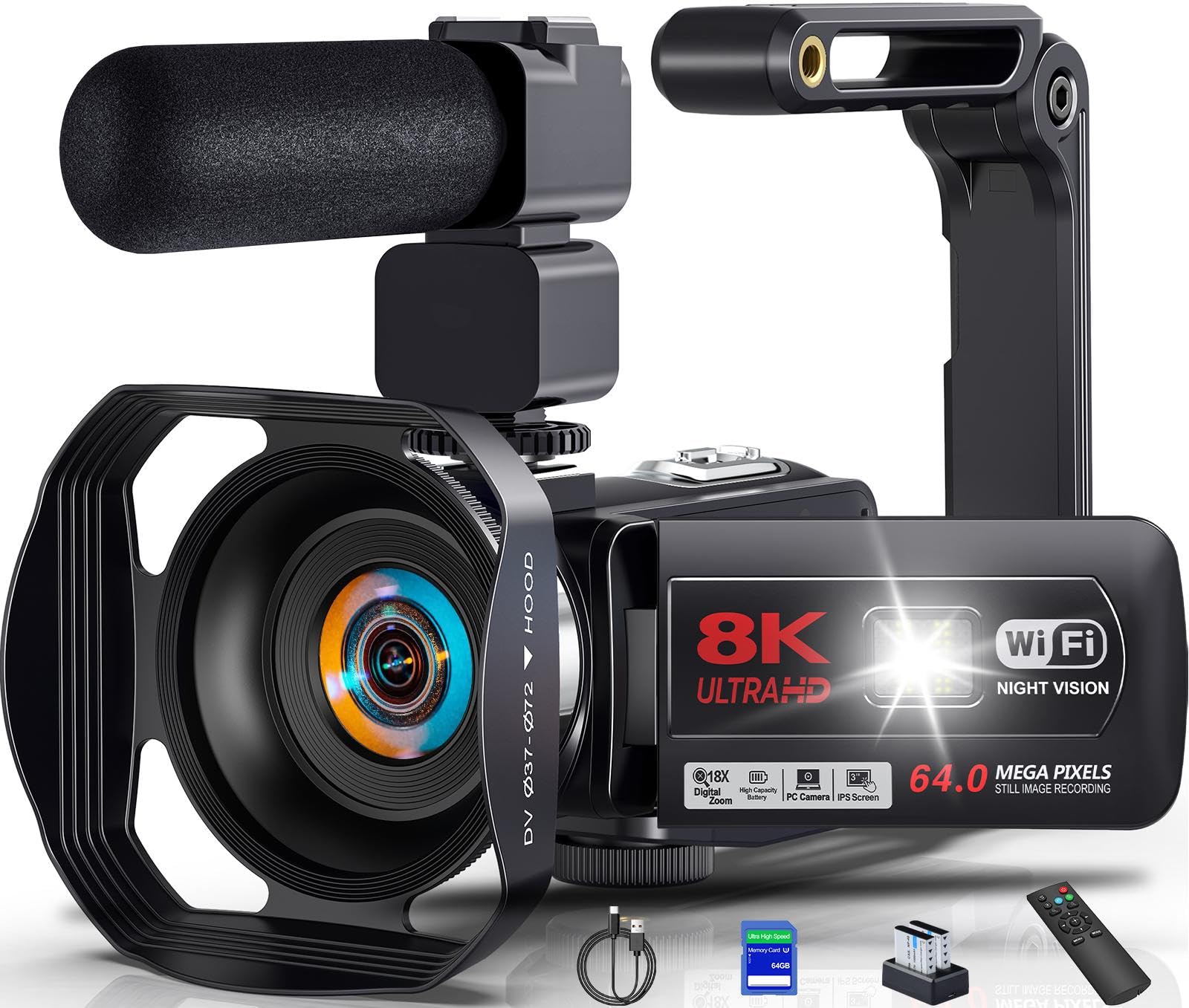 Caméscope Vidéo 8K 64MP Vlogging WiFi Vision Nocturne IR Écran Tactile 3" Zoom Numérique 18X avec Mic et Télécommande