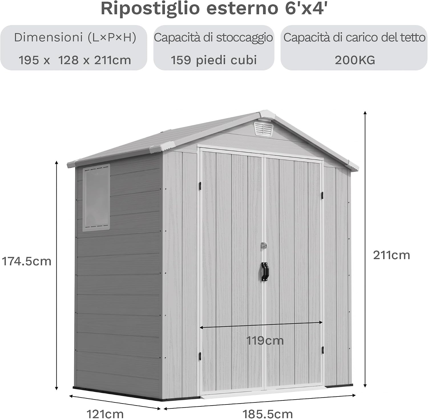 Diagram showing dimensions of the JUMMICO Resin Garden Shed