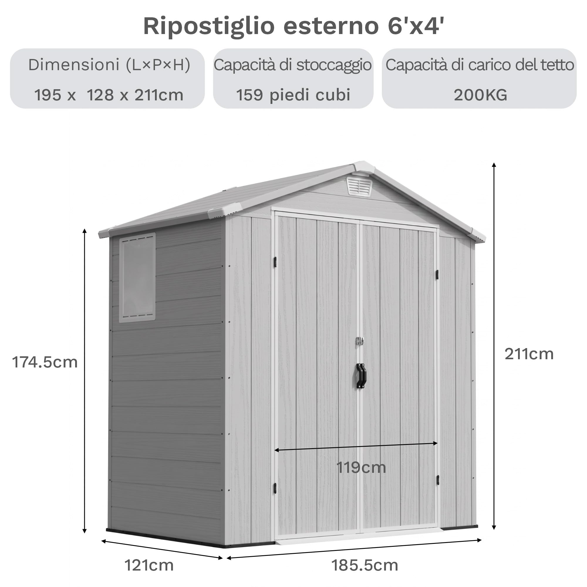JUMMICO Casetta da Giardino in Resina 195x128x211 cm, Capanno Attrezzi Impermeabile Anti-UV con Ventilazione Integrata, Facile Montaggio, Ideale per Terrazzo e Balcone, Grigio