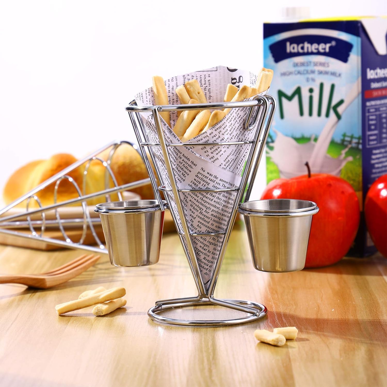 2 pezzi per patatine fritte con doppio supporto per salse, in acciaio inox, porta pesce e chip, per ristoranti e caffè.