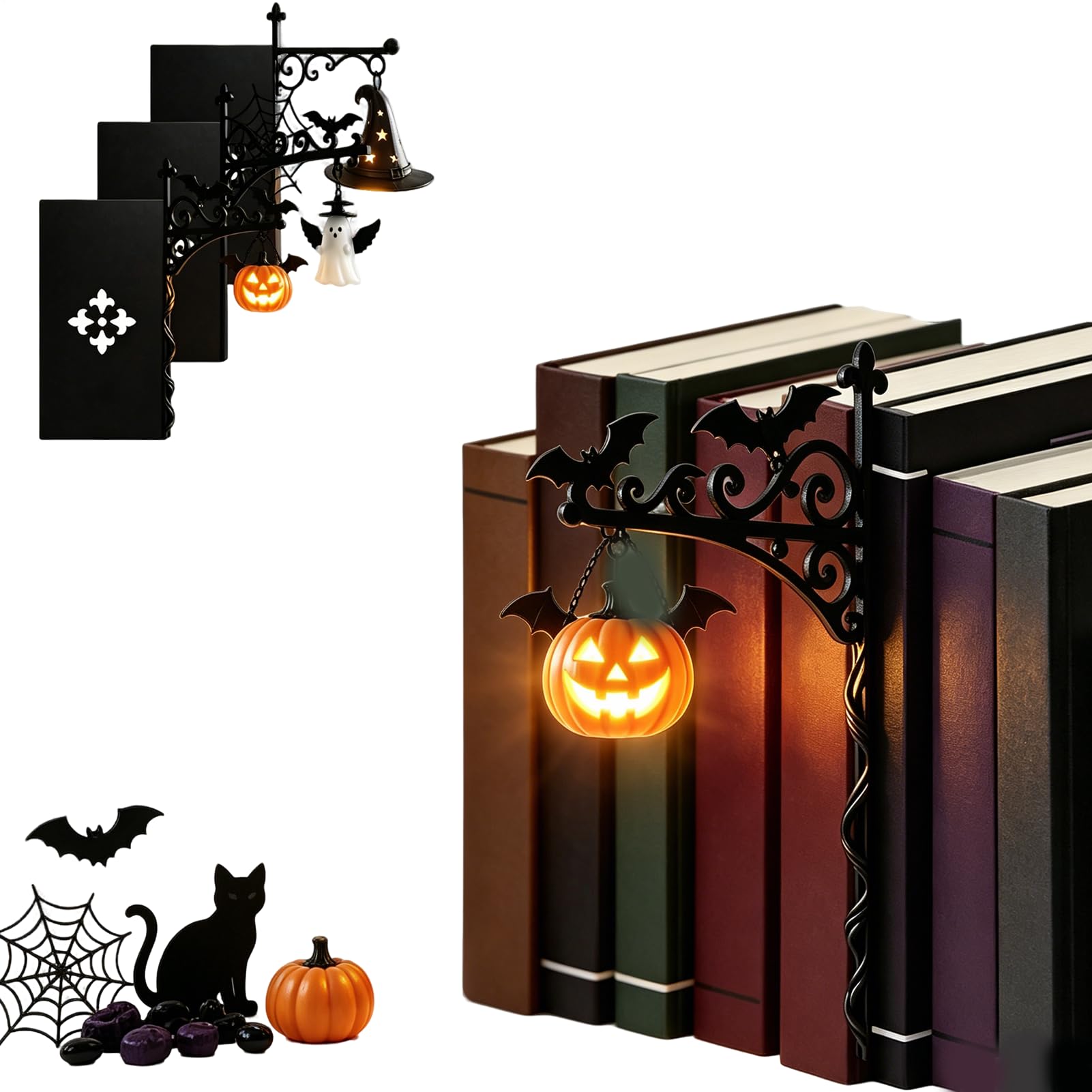 Halloween Bookshelf Lantern, 3D Cute Ghost Pumpkin Witch Hat Lamp (Pumpkin)