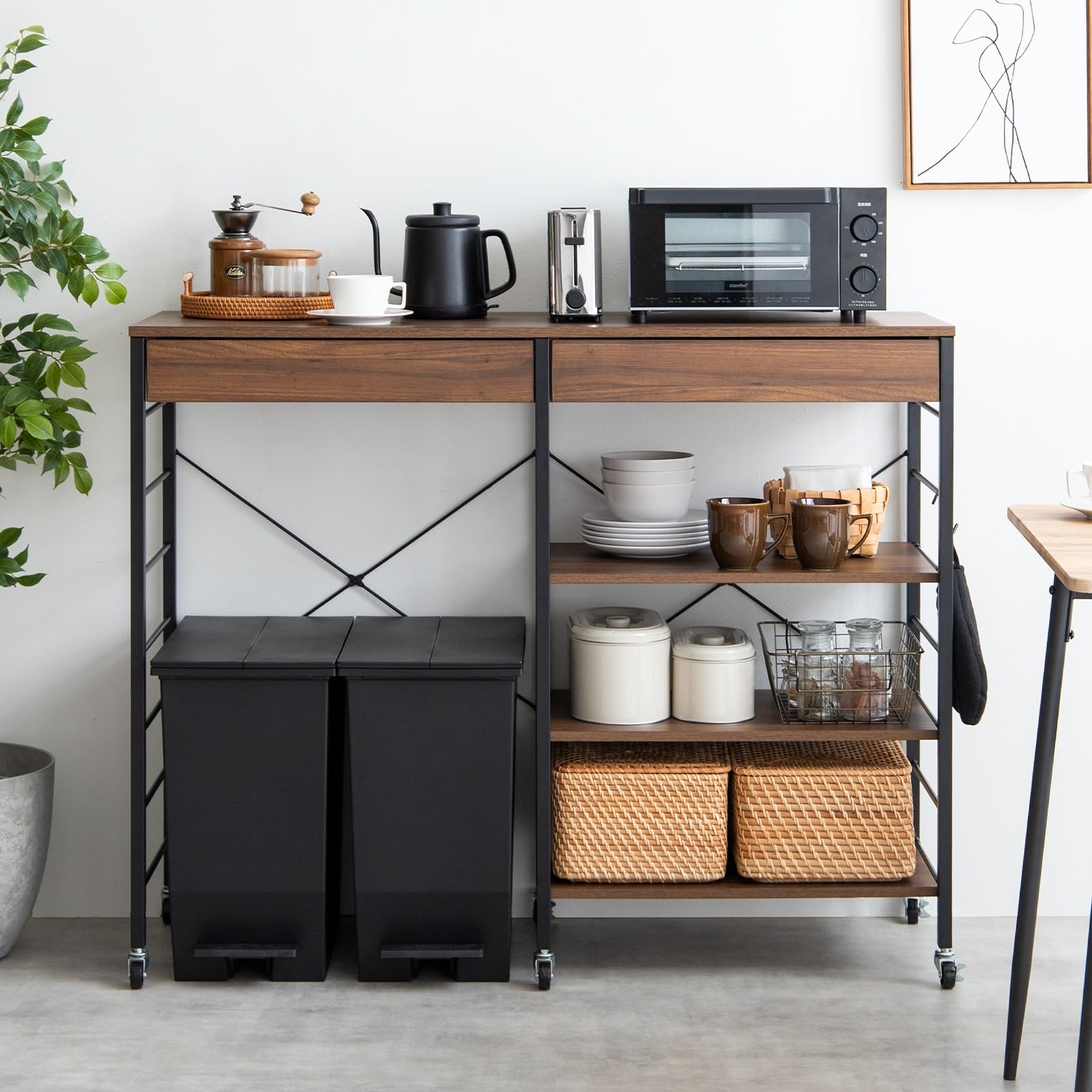 Amazon｜家具350 ゴミ箱上ラック レンジ台 幅120cm 引き出し付き