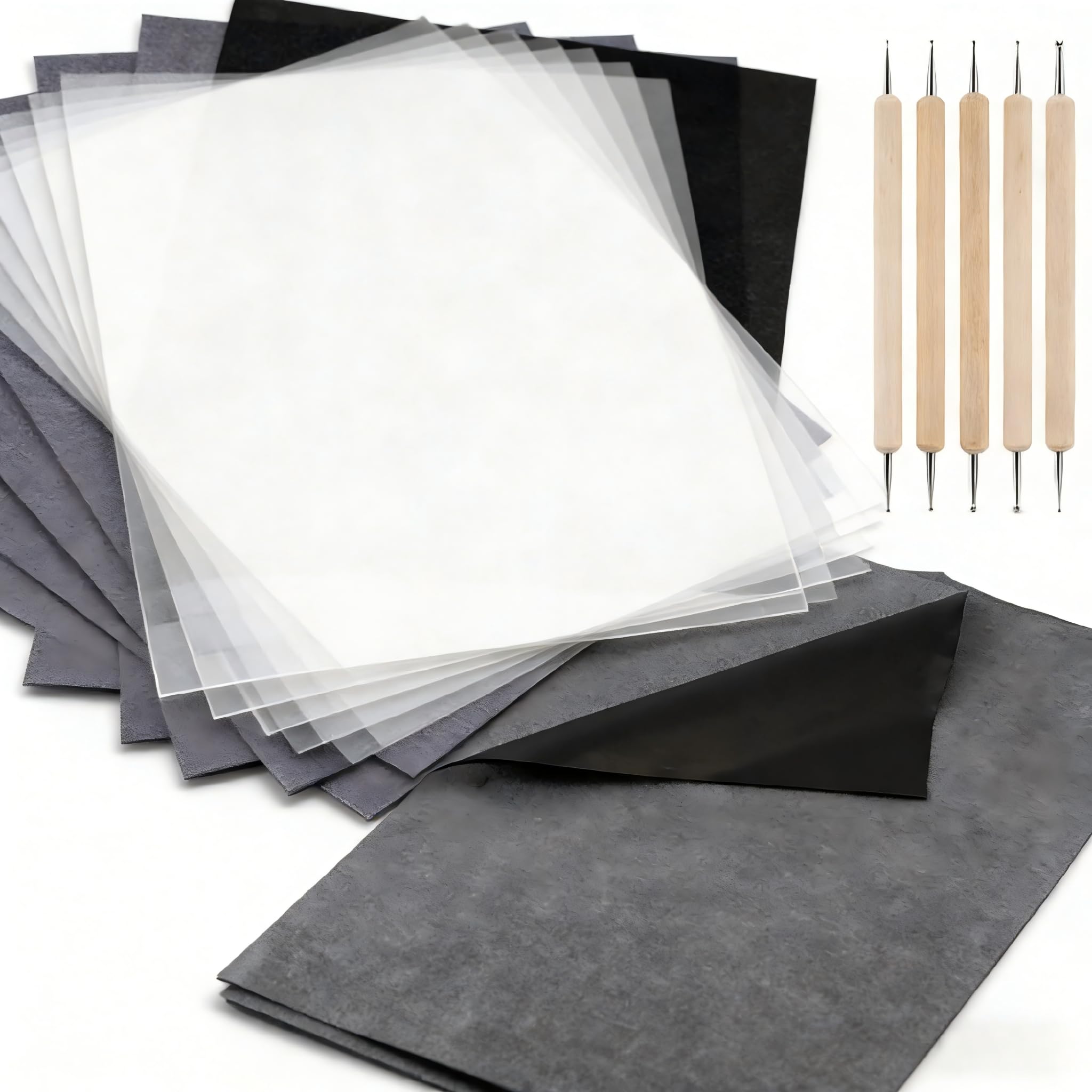 Carbon Paper Transfer Paper Set, 200 Sheets A4 Tracing Paper & Carbon Transfer Paper with 5 Embossing Stylus Tools, Graphite Transfer Paper for Wood Burning, Drawing, Canvas, Fabric, DIY Crafts