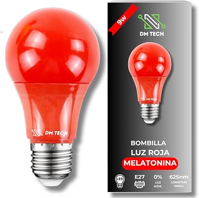 DM TECH Ampoule Lumière Rouge Mélatonine E27 – Lumière Rouge Anti-Lumière Bleue + Thérapie Sommeil – LED Flicker-Free pour Relaxation + Chambre + Lecture