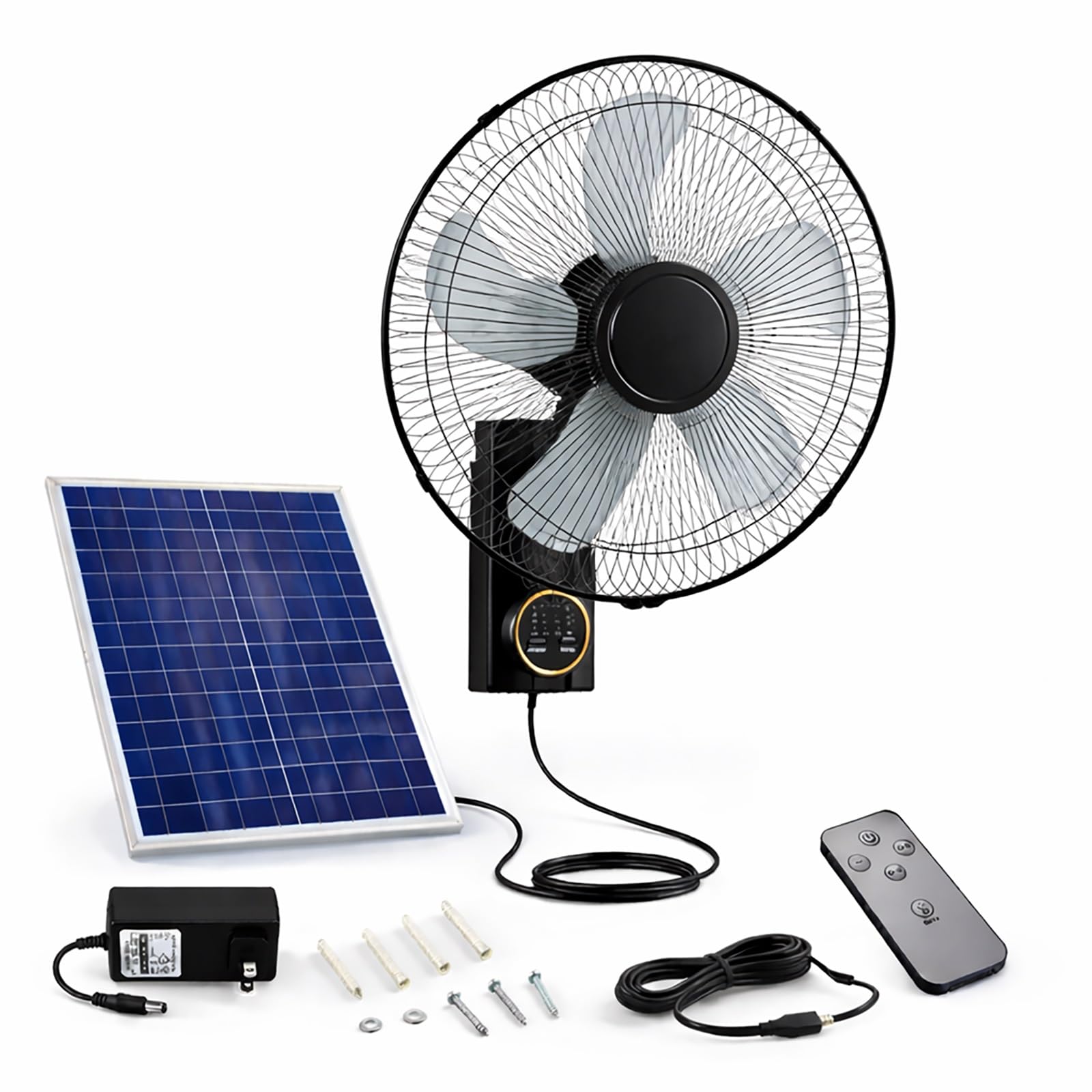 Ventilador Solar Potente 40cm, Montaje en Pared con Mando, Sin Electricidad Ventilador con Placa Solar y Bateria para Jardín, Gallinero, Cobertizo e Invernadero, Oscilante 90°