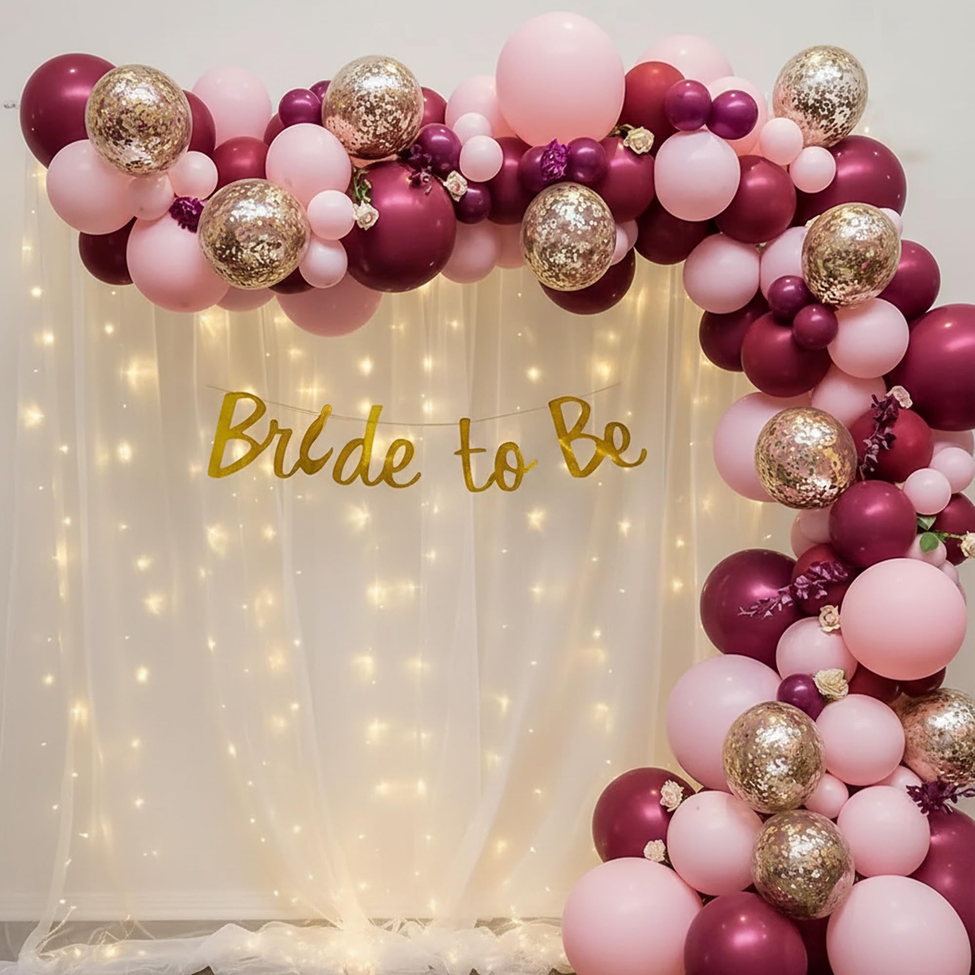 Rose Gold Theme Bride to Be DIY Decoration Kit Combo for Girls with Net Fabric Backdrop,Decorative Lights (40Ft Long) & Balloons,Bridal Shower Decorations Items,Photobooth Decorations