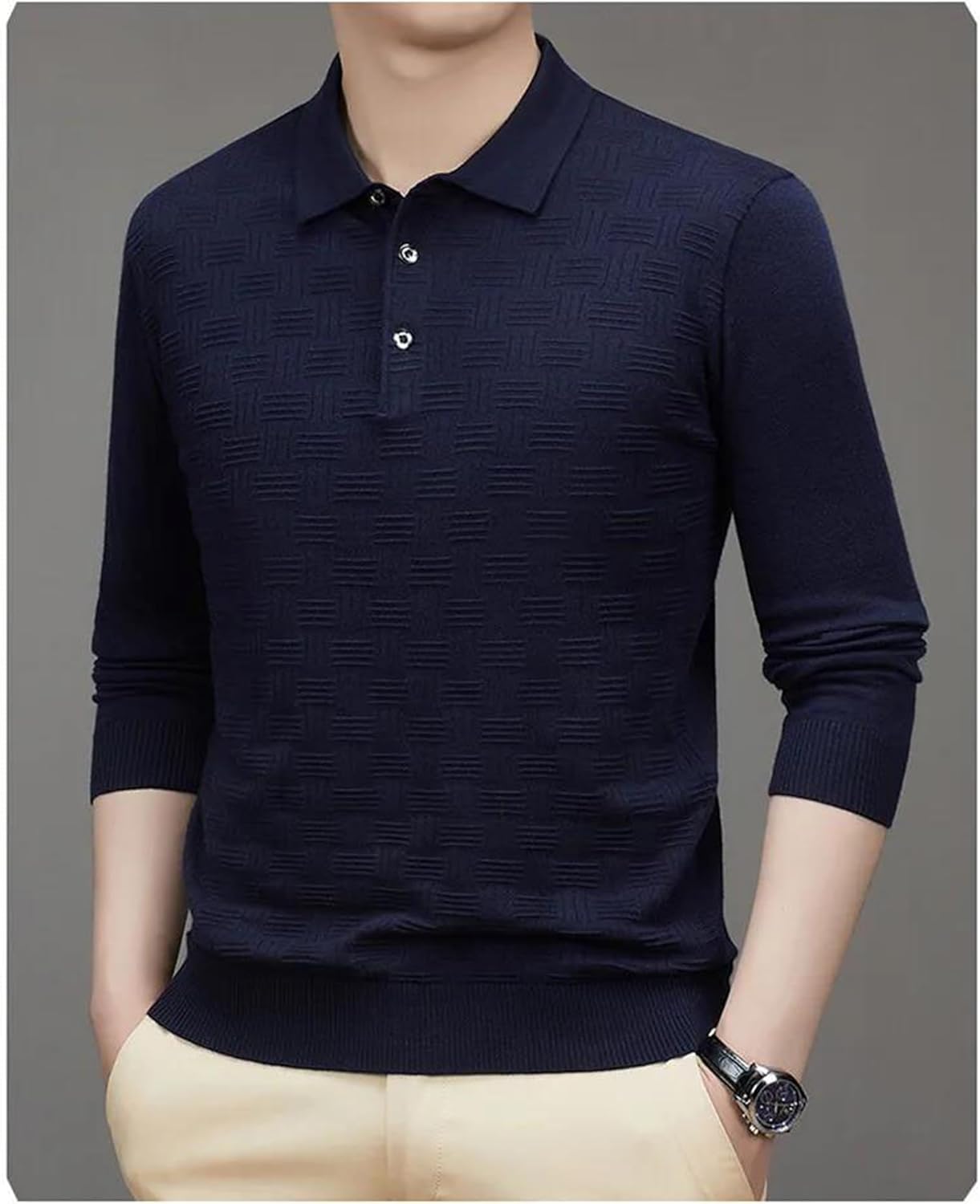 Men's Checkered Pullover Polo Sweaters Long Sleeve Turndown Collar Warm for Business Casual Daily Wear
