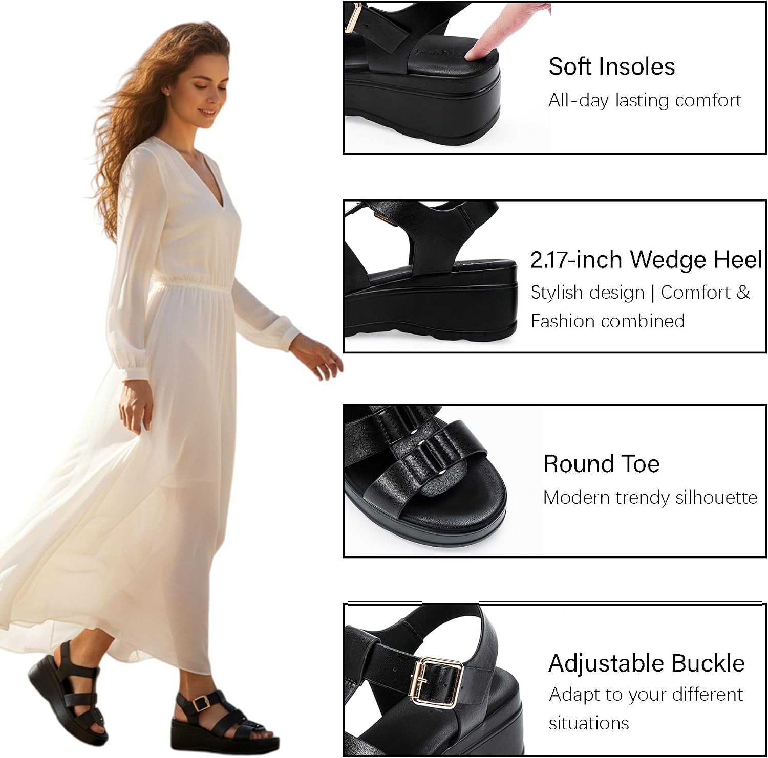 2026 Chunky-Soled Sandals Women's Flat Sandals Comfort Women Round Toe Wedge Sandals with Adjustable Buckle Arch Support Summer Shoes for Beach Travel Casual Dressy
