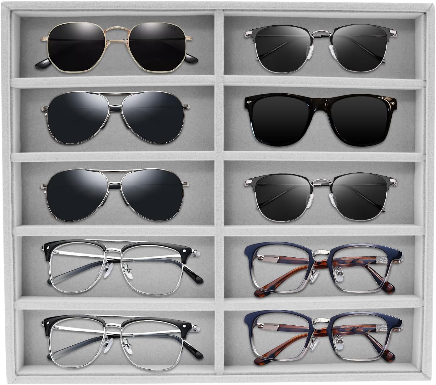 Sunglass Organizer - 10 Grids Plush Glasses Display Tray Sunglasses Case, Stackable Eyeglass Holder, Eyeglasses Watches Jewelry Case for Jewelry Eyewear