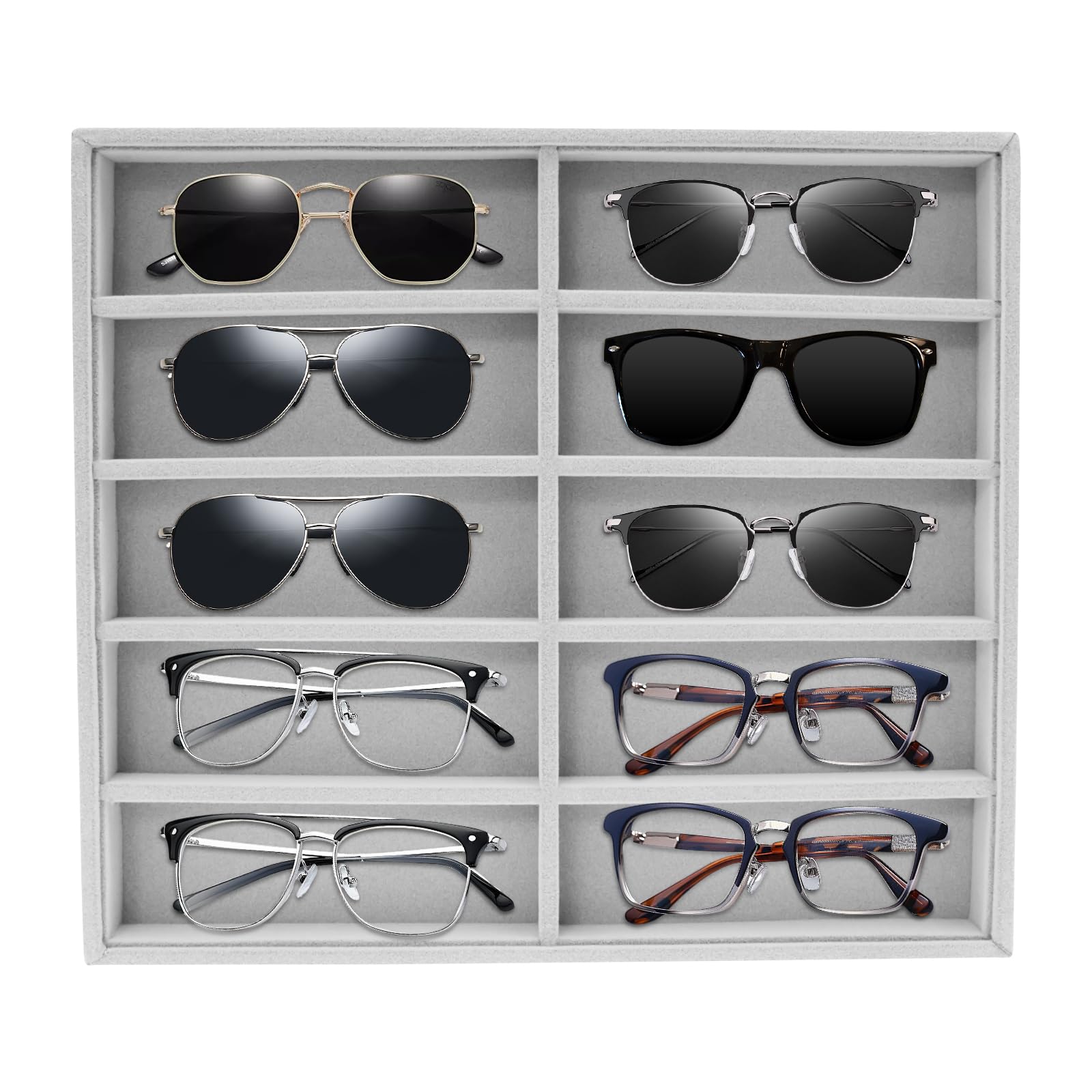 Lulobtg Men's Grey Sunglass Organiser Box, 10 Grid Velvet Glasses Display Case, Stackable Eyeglasses Storage Tray For Drawer, Divided Eyewear Storage Container, Sunglasses Displaying Holder For Wo