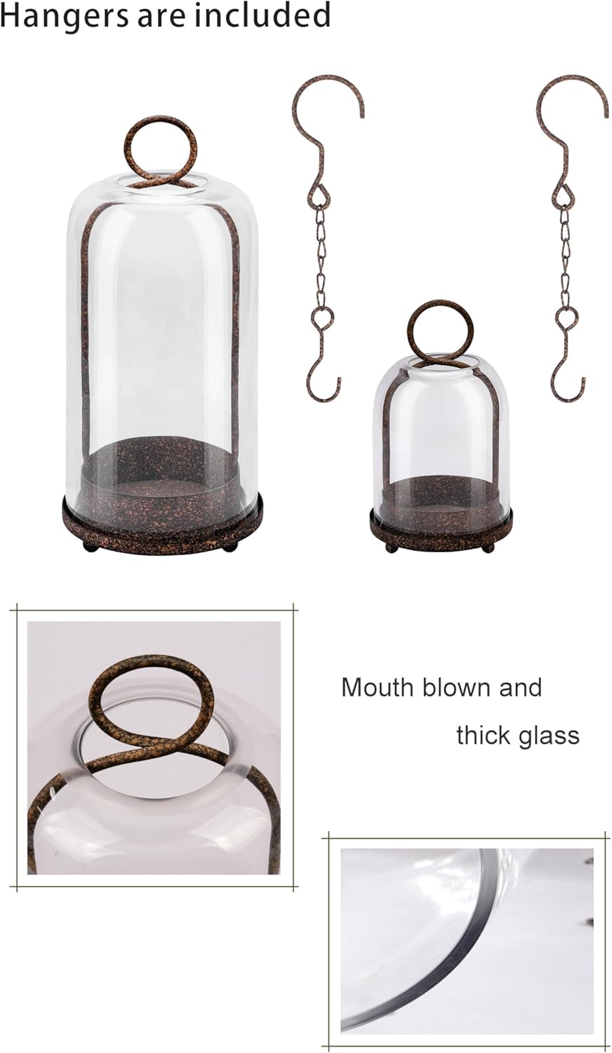 5" & 4" Wide Versatile Metal Candle Holder in Rustic Brown with Handmade Thick, Heavy & Sturdy Glass Dome for Pillar Candle, Industrial, Modern, Shelf, Mantel, Veranda, Porch