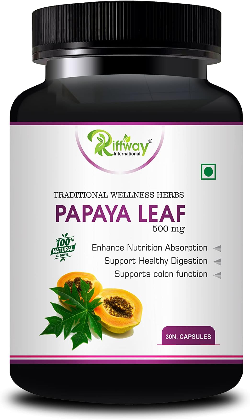 RIFFWAY Papaya leaf Capsule || For Increasing Platelet Booster Count and Building Immunity for Dengue (pack of 1-30 Capsule)