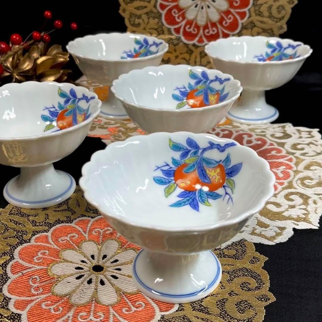 賞美堂 其泉 青白磁 菊割 色絵柘榴 高台小鉢 セット 向付 白磁菊