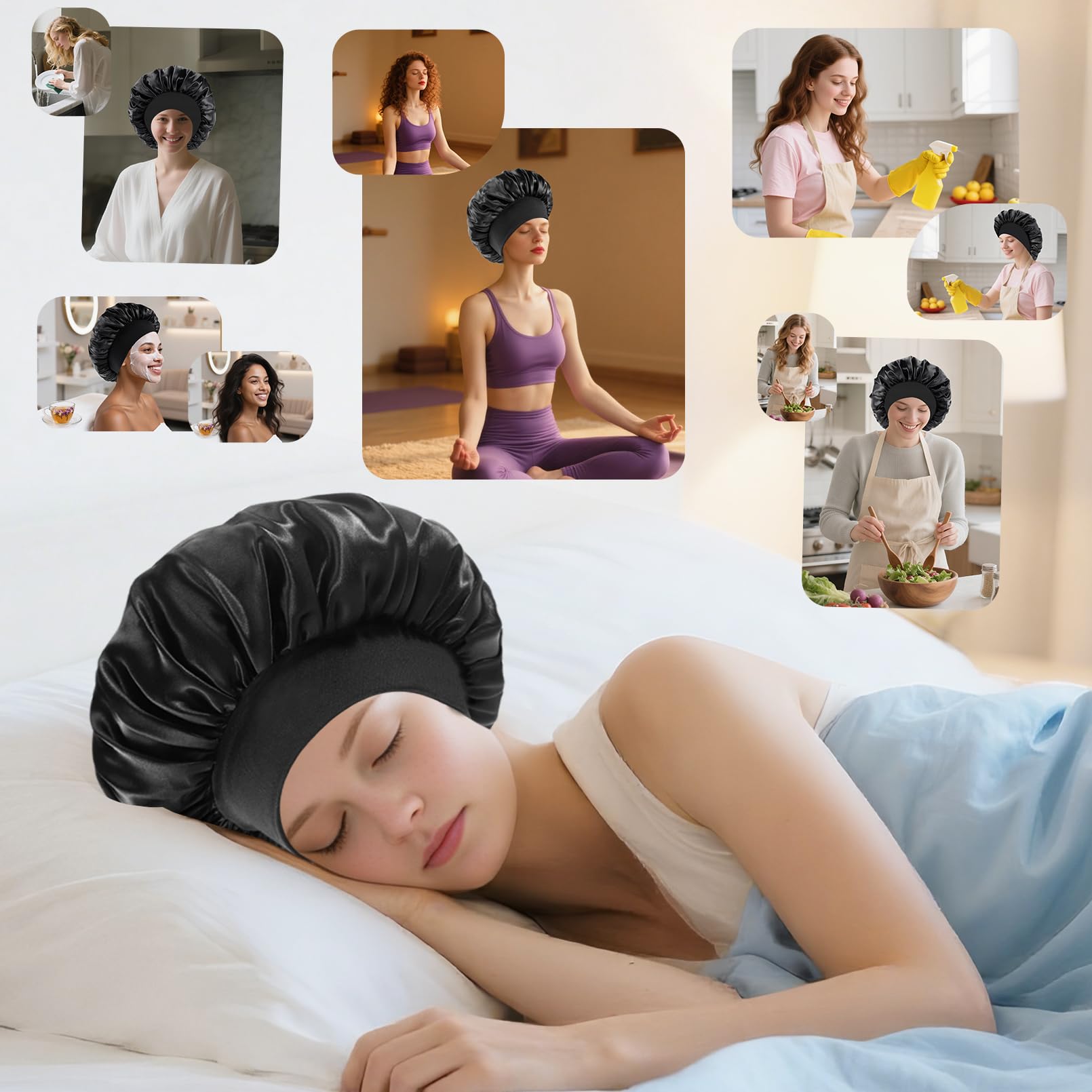 12 cuffie in raso per dormire, con fascia elastica larga, per donne, trecce, capelli ricci, nero