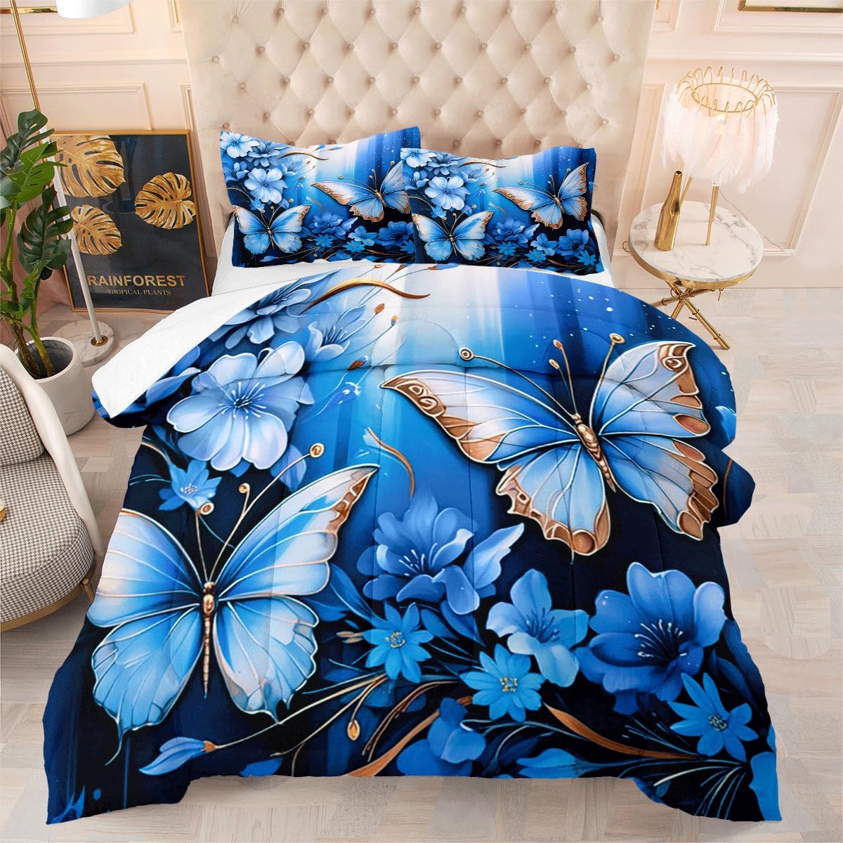 Queen Blue Gold Flower Butterfly Comforter Quilt Sets,Butterflies 3pcs Bed in a Bag Comforter Set,1 Comforter and 2 Pillow Shams- 90x90 inches