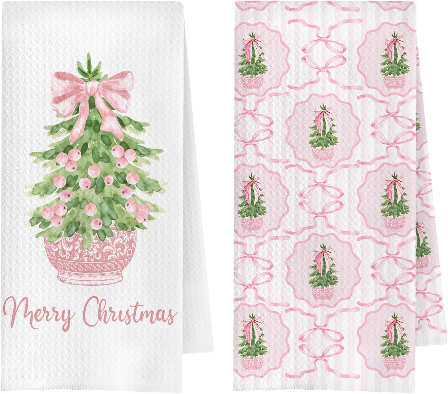 Pink Chinoiserie Christmas Kitchen Towels, Preppy Bow Christmas Tree Dish Tea Towel for Kitchen Decor, Grandmillennial Xmas Decorative Hand Towels for Bathroom, 16x24 Inches Set of 2