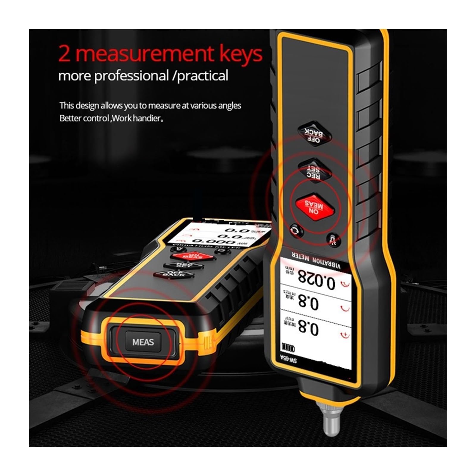 Medidor de Vibraciones, Herramienta de Medición Digital Portátil con Sonda Reemplazable y Linterna, Velocidad de 0.1-199.9 mm/s, Almacenamiento de 200 Datos, Ideal para la Inspección(SW-63A)